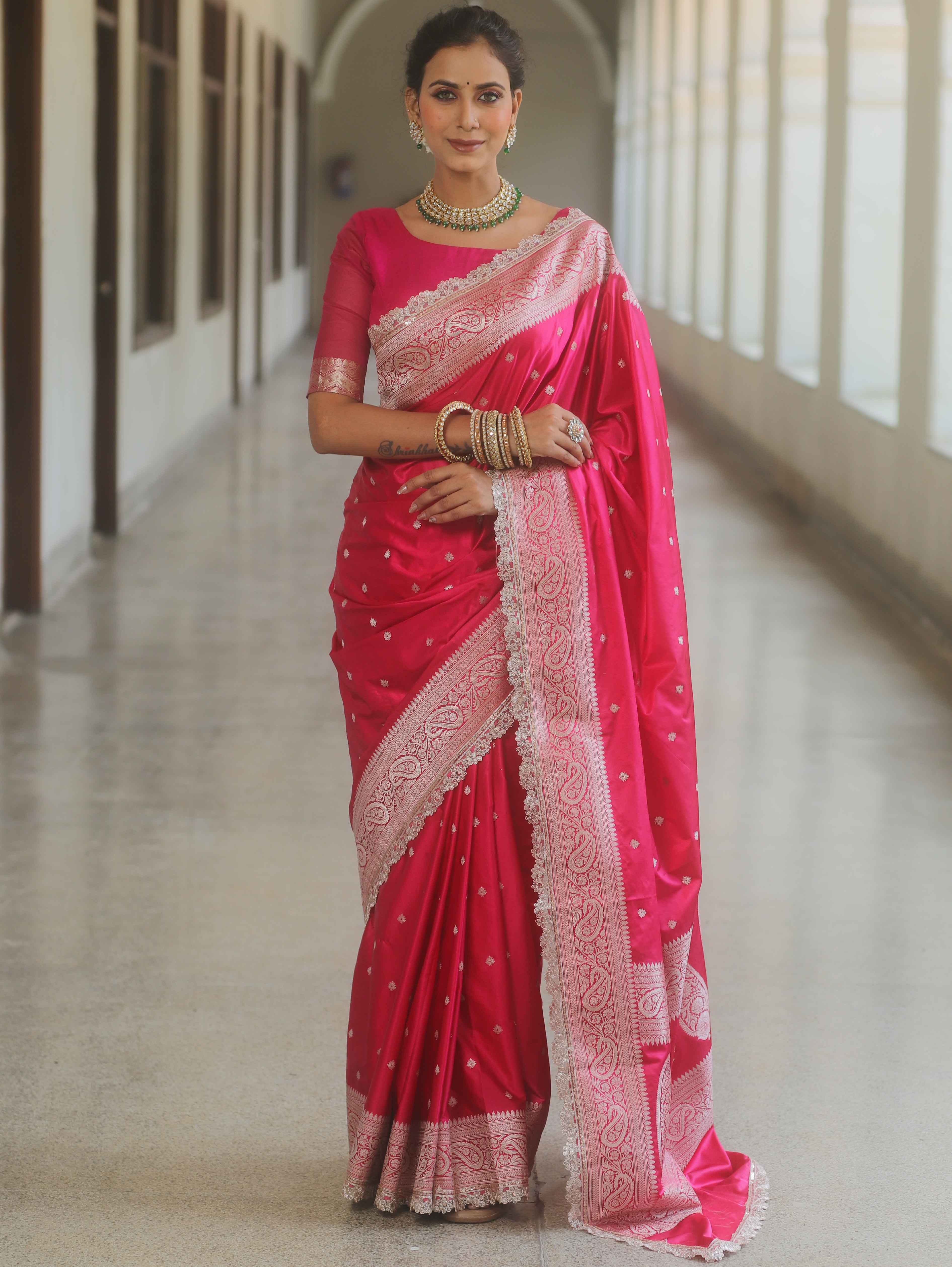 Banarasee Handloom Mashru Silk Saree Zari Border With Lace-Pink