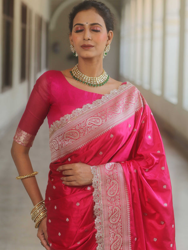 Banarasee Handloom Mashru Silk Saree Zari Border With Lace-Pink