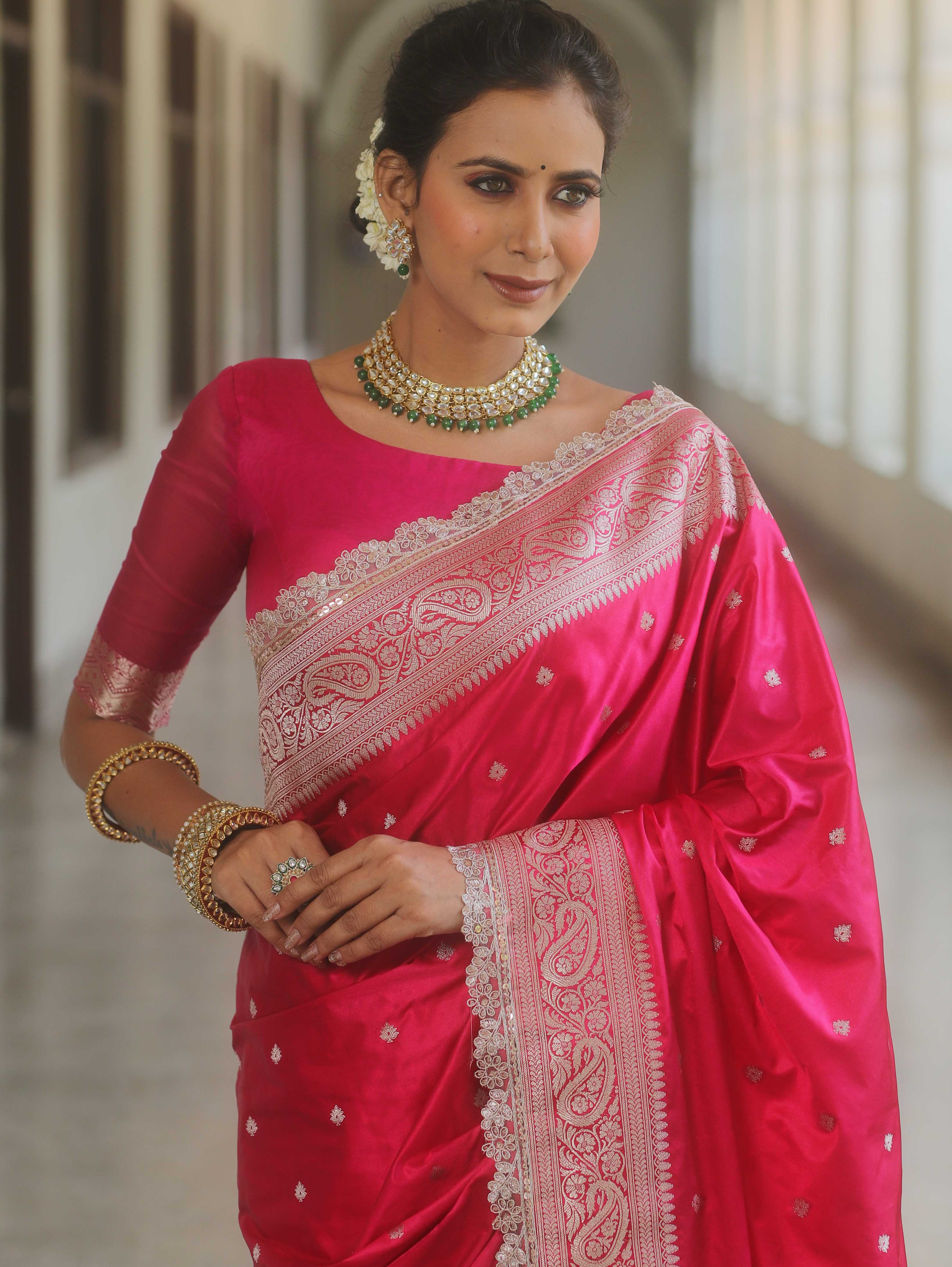 Banarasee Handloom Mashru Silk Saree Zari Border With Lace-Pink