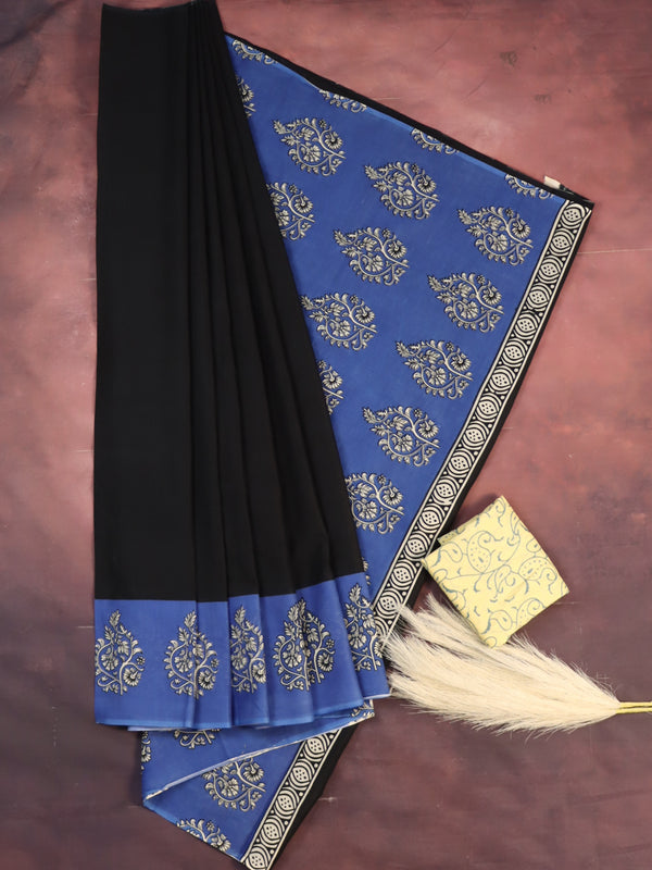 Handloom Mul Cotton Hand-Block Print Saree-Black & Blue