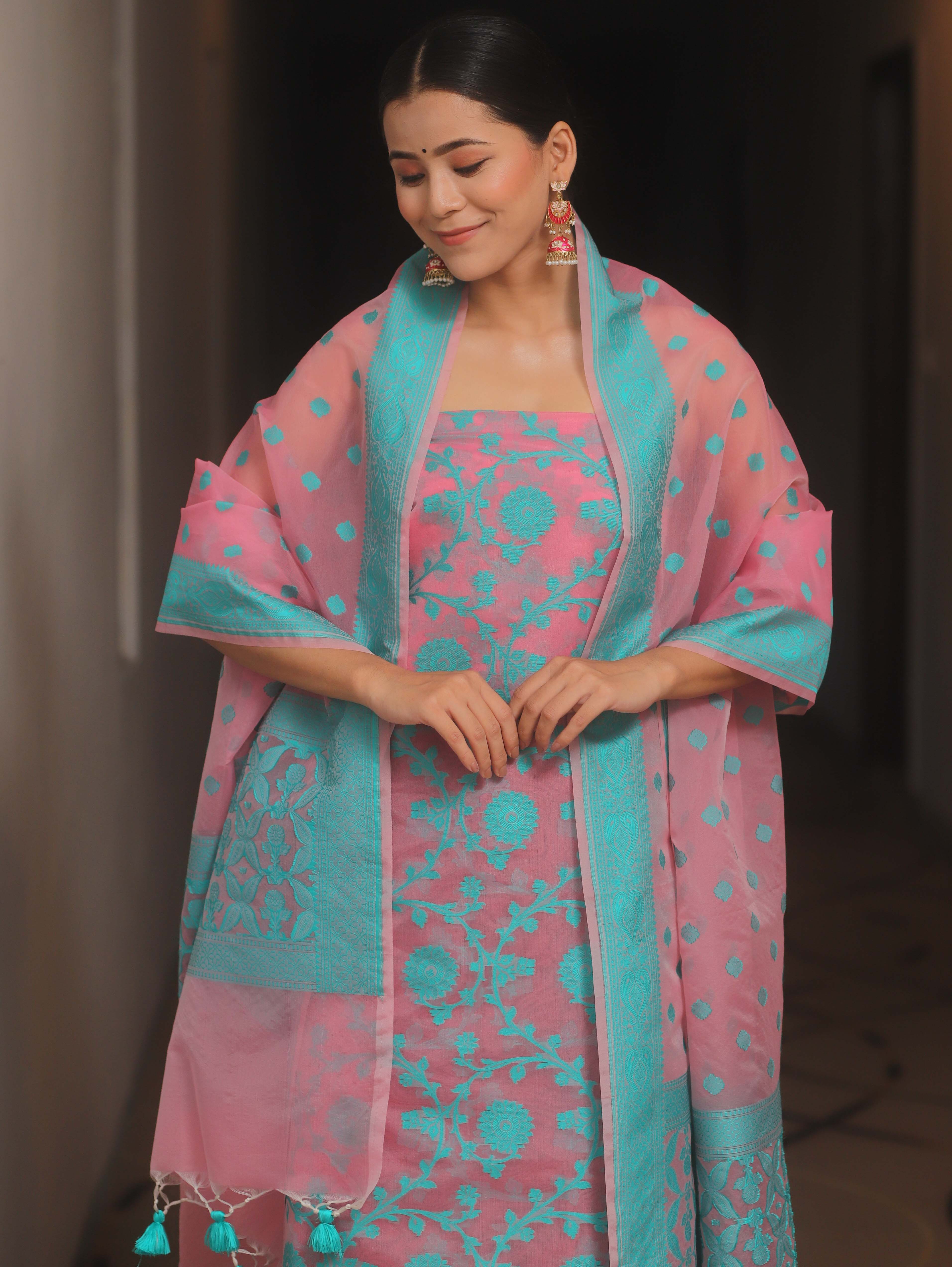 Banarasee Organza Resham Zari Salwar Kameez Fabric With Dupatta-Pink