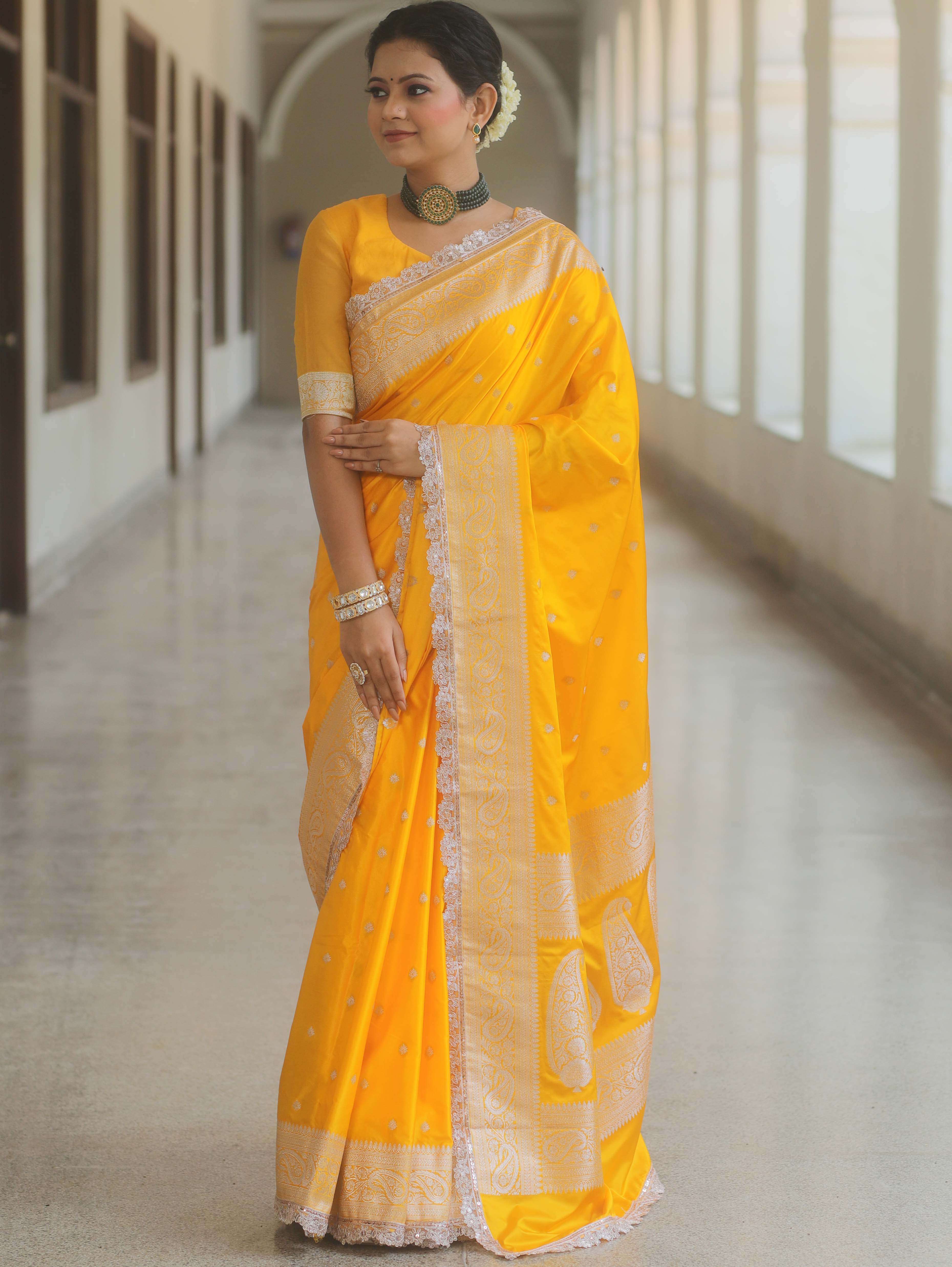 Banarasee Handloom Mashru Silk Saree Zari Border With Lace-Yellow