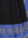 Handloom Mul Cotton Hand-Block Print Saree-Black & Blue