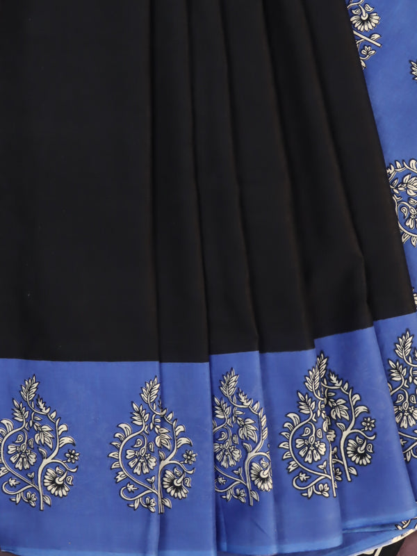 Handloom Mul Cotton Hand-Block Print Saree-Black & Blue