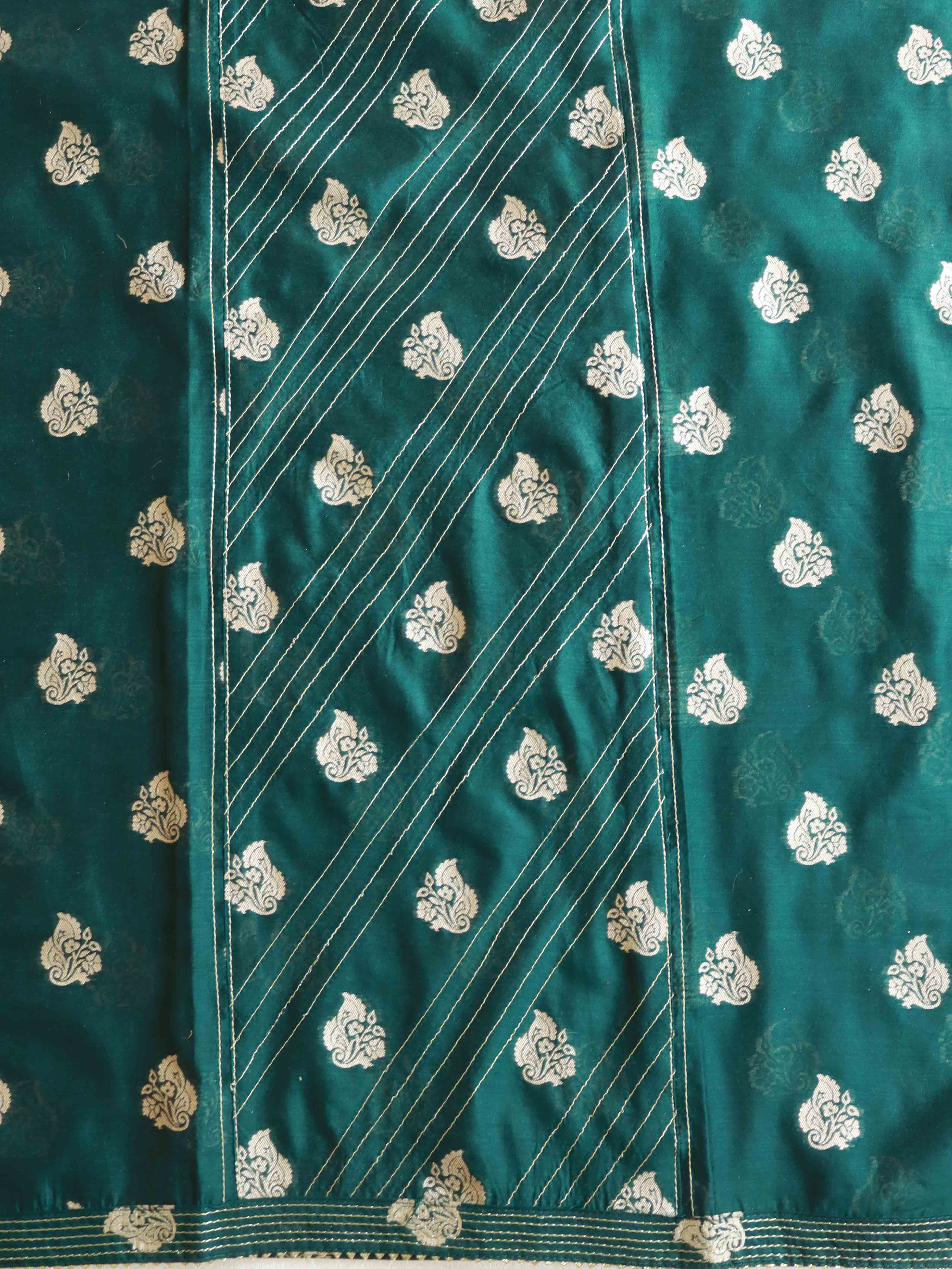 Banarasee Handloom Chanderi Zari Work Salwar Kameez Dupatta Set-Green & Multicolor