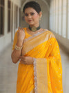 Banarasee Handloom Mashru Silk Saree Zari Border With Lace-Yellow