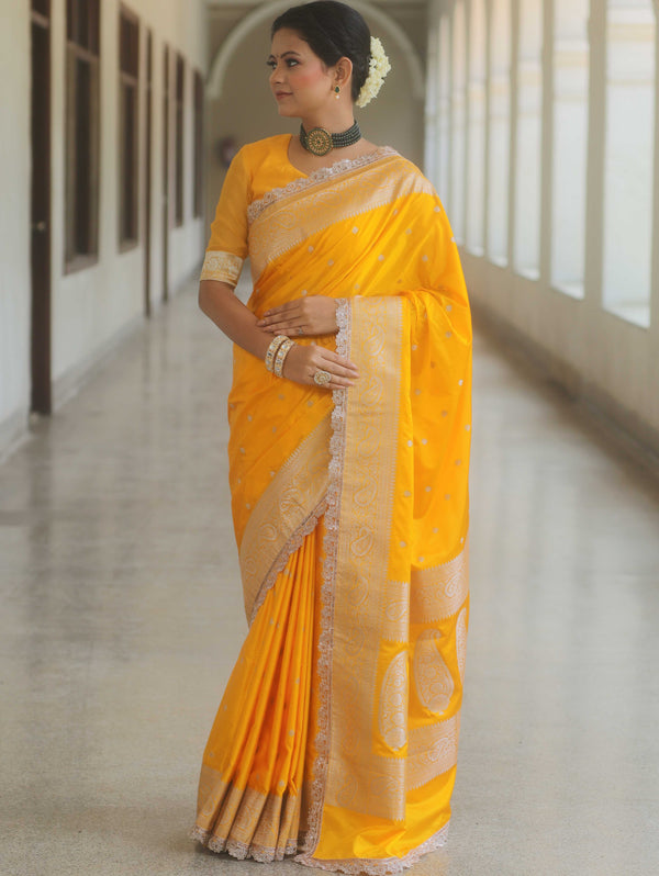 Banarasee Handloom Mashru Silk Saree Zari Border With Lace-Yellow