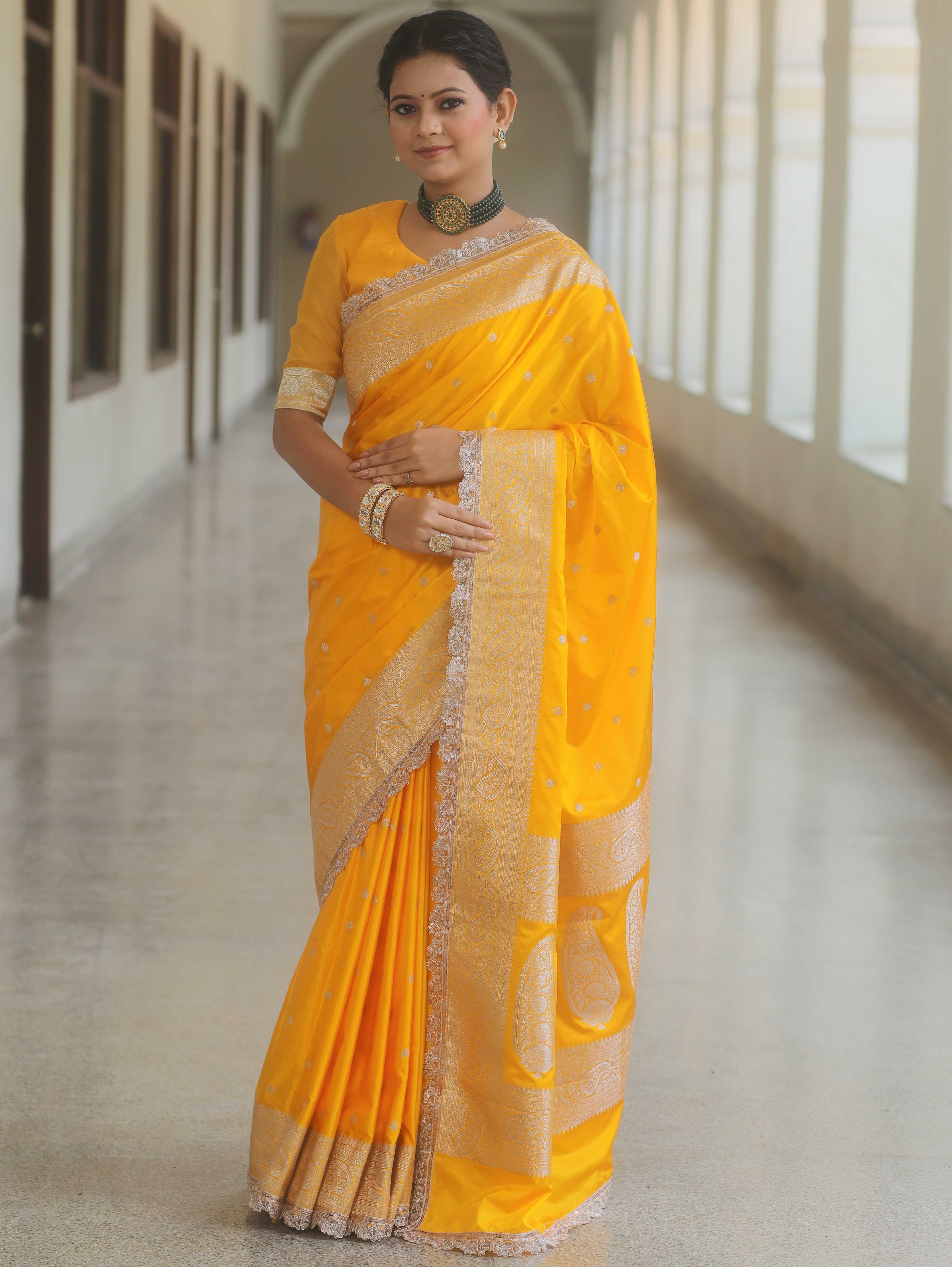 Banarasee Handloom Mashru Silk Saree Zari Border With Lace-Yellow