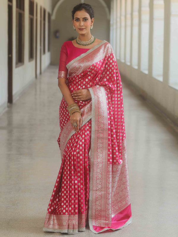 Banarasee Semi-Katan Silver Zari Border Saree With Lace-Pink