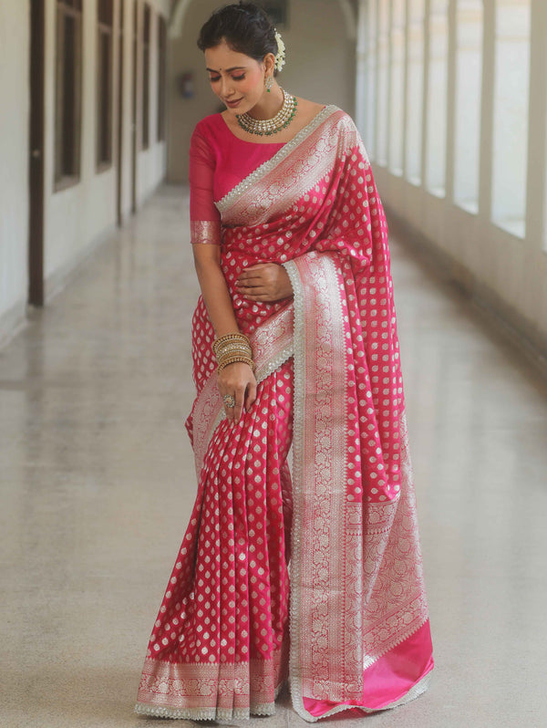 Banarasee Semi-Katan Silver Zari Border Saree With Lace-Pink