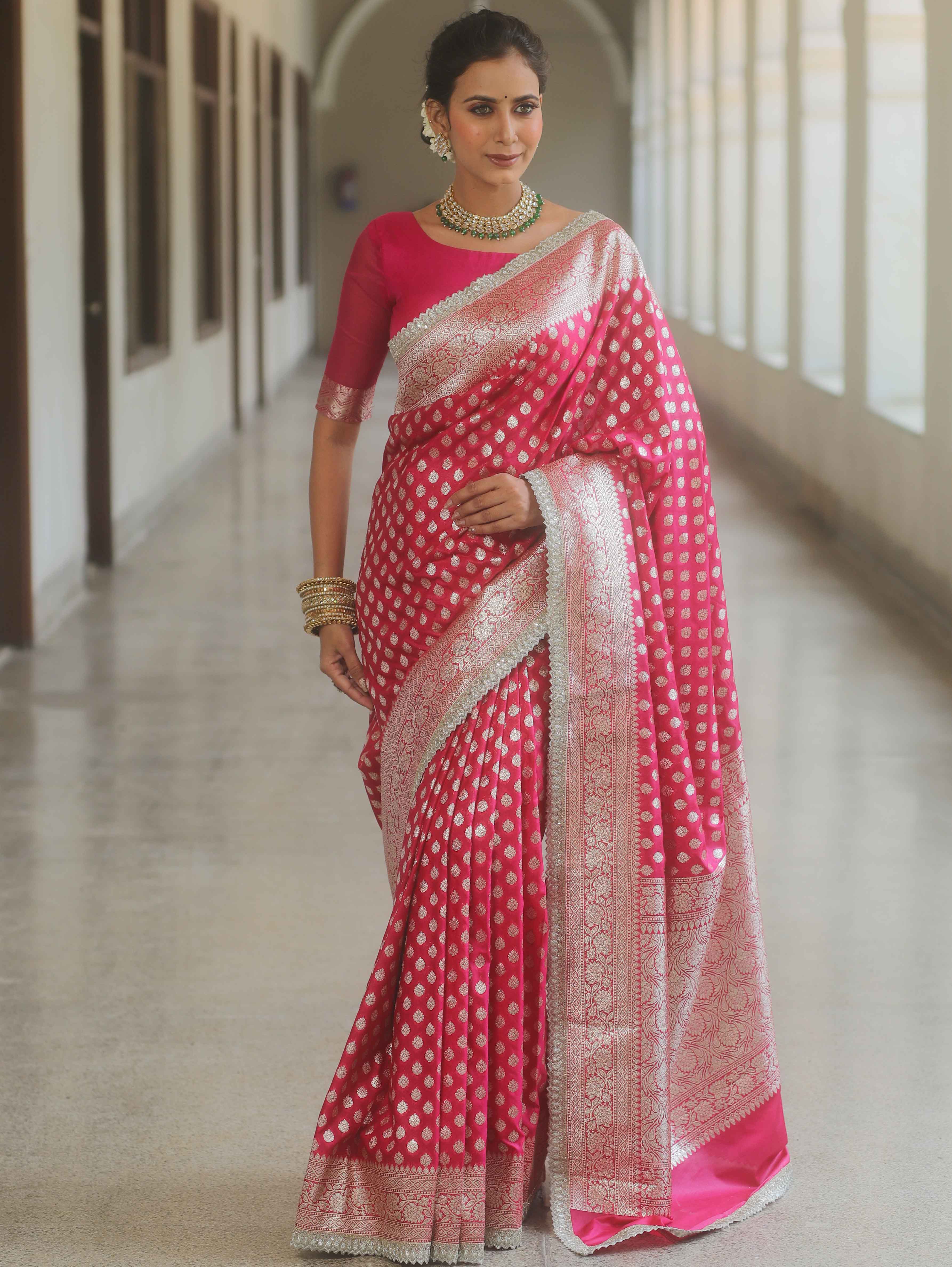 Banarasee Semi-Katan Silver Zari Border Saree With Lace-Pink