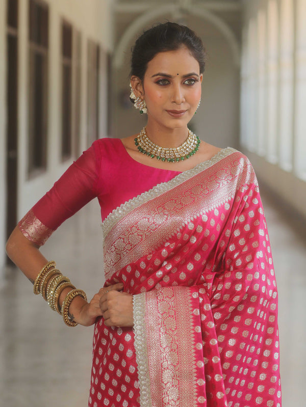 Banarasee Semi-Katan Silver Zari Border Saree With Lace-Pink