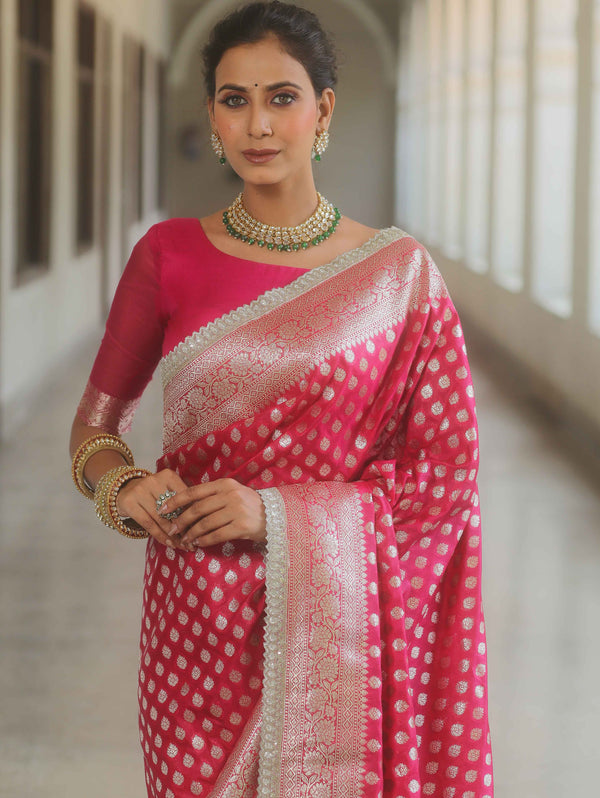 Banarasee Semi-Katan Silver Zari Border Saree With Lace-Pink