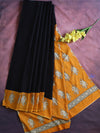 Handloom Mul Cotton Hand-Block Print Saree-Black & Yellow