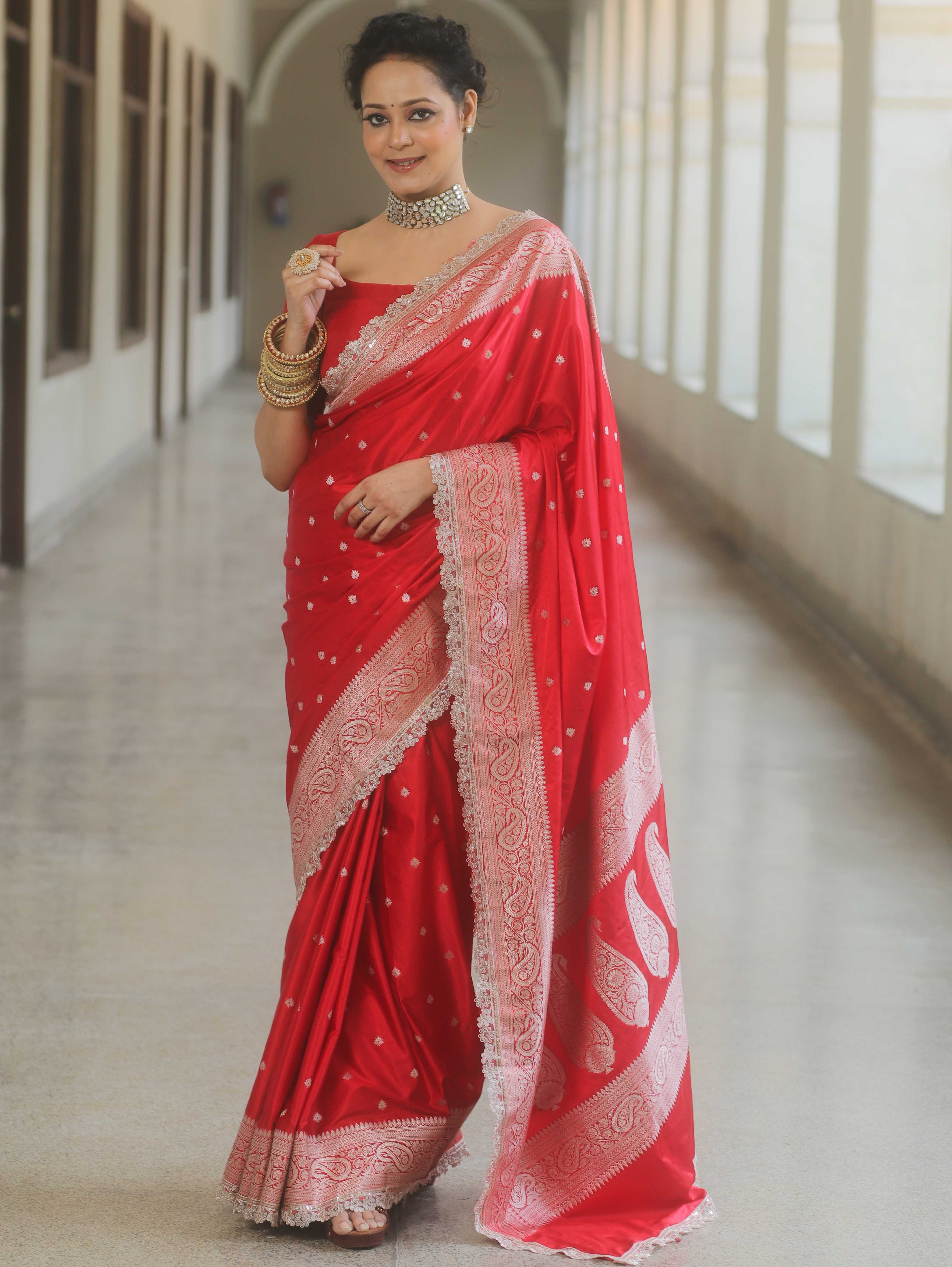 Banarasee Handloom Mashru Silk Saree Zari Border With Lace-Red