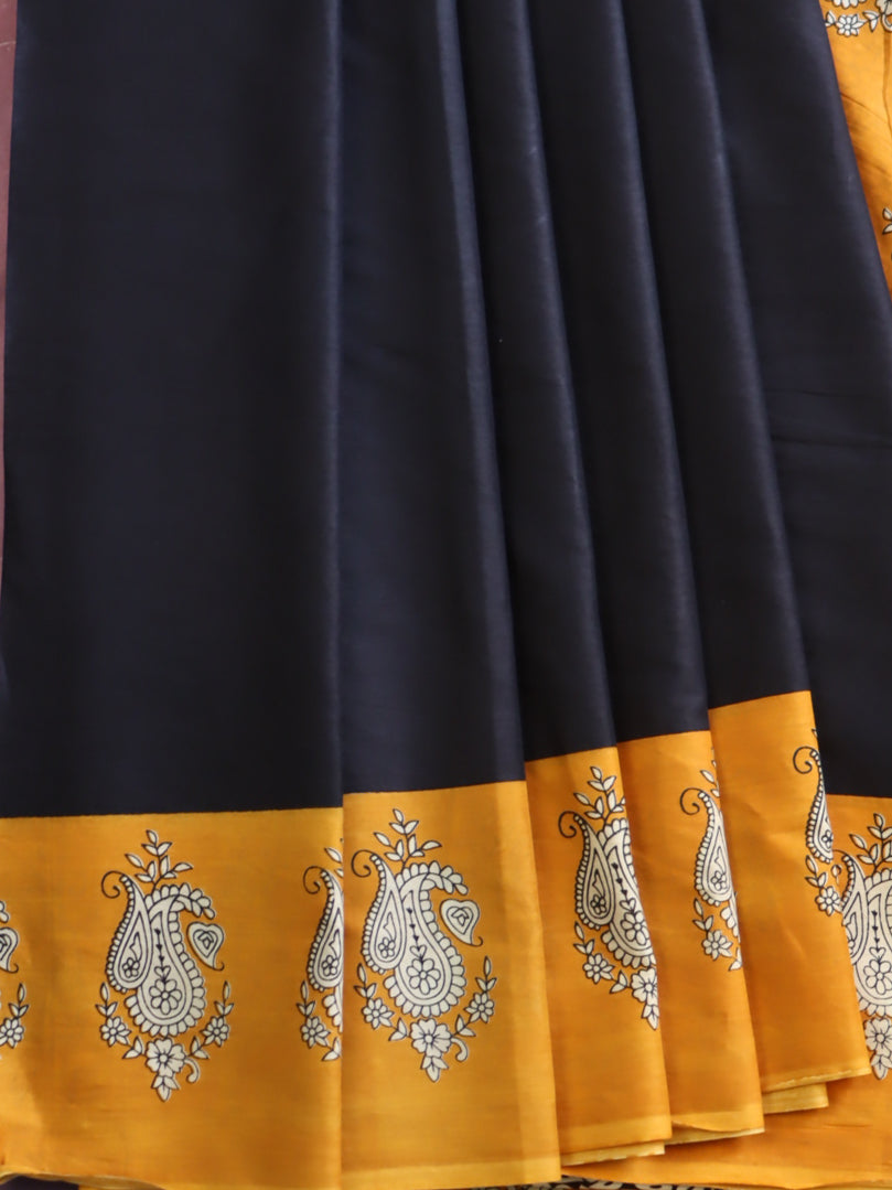 Handloom Mul Cotton Hand-Block Print Saree-Black & Yellow