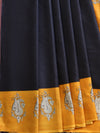 Handloom Mul Cotton Hand-Block Print Saree-Black & Yellow