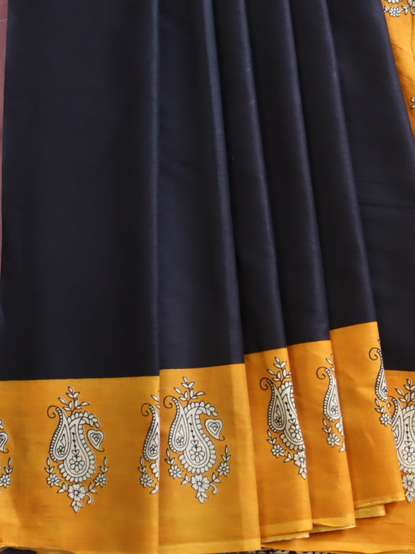 Handloom Mul Cotton Hand-Block Print Saree-Black & Yellow