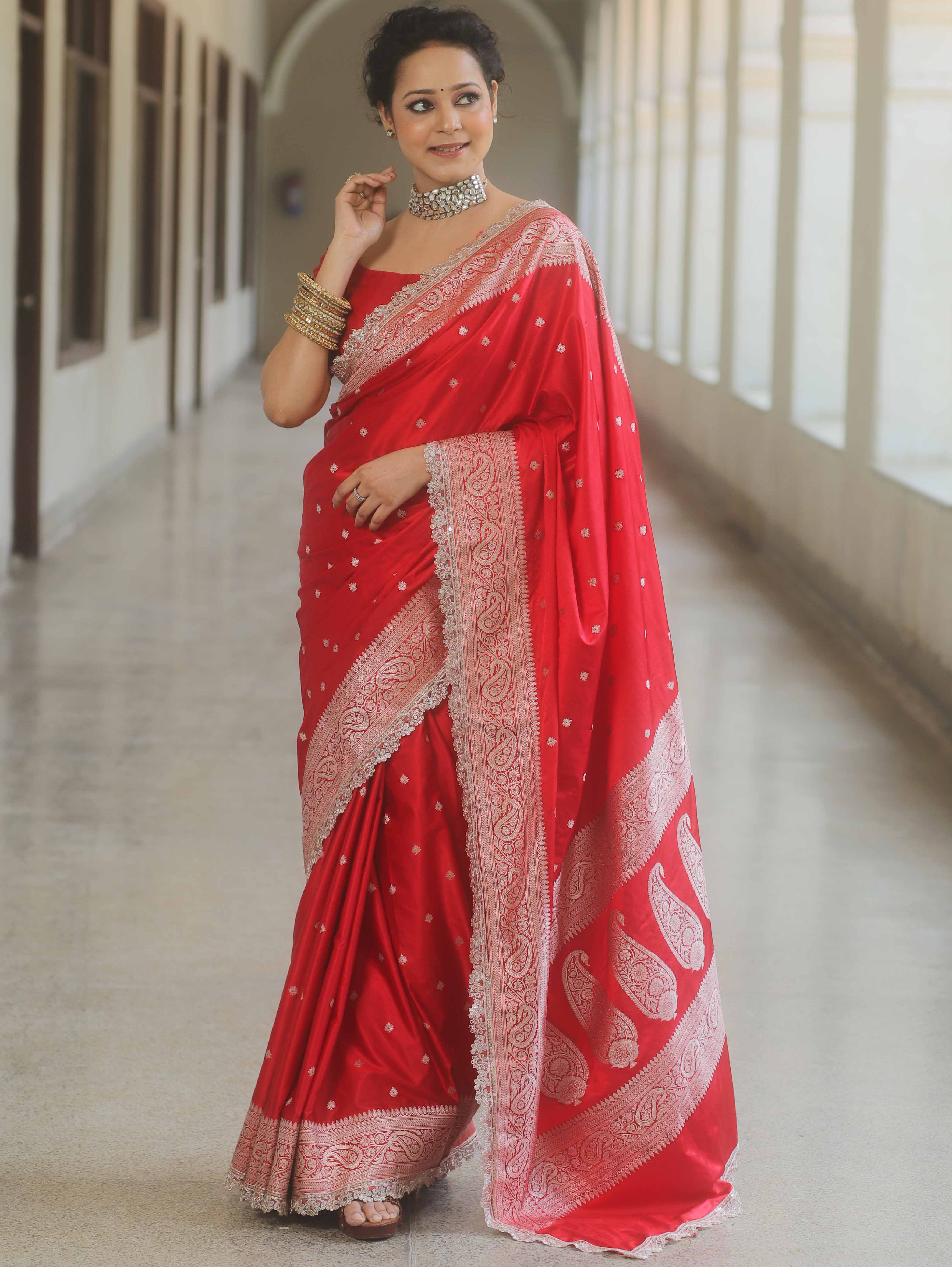 Banarasee Handloom Mashru Silk Saree Zari Border With Lace-Red