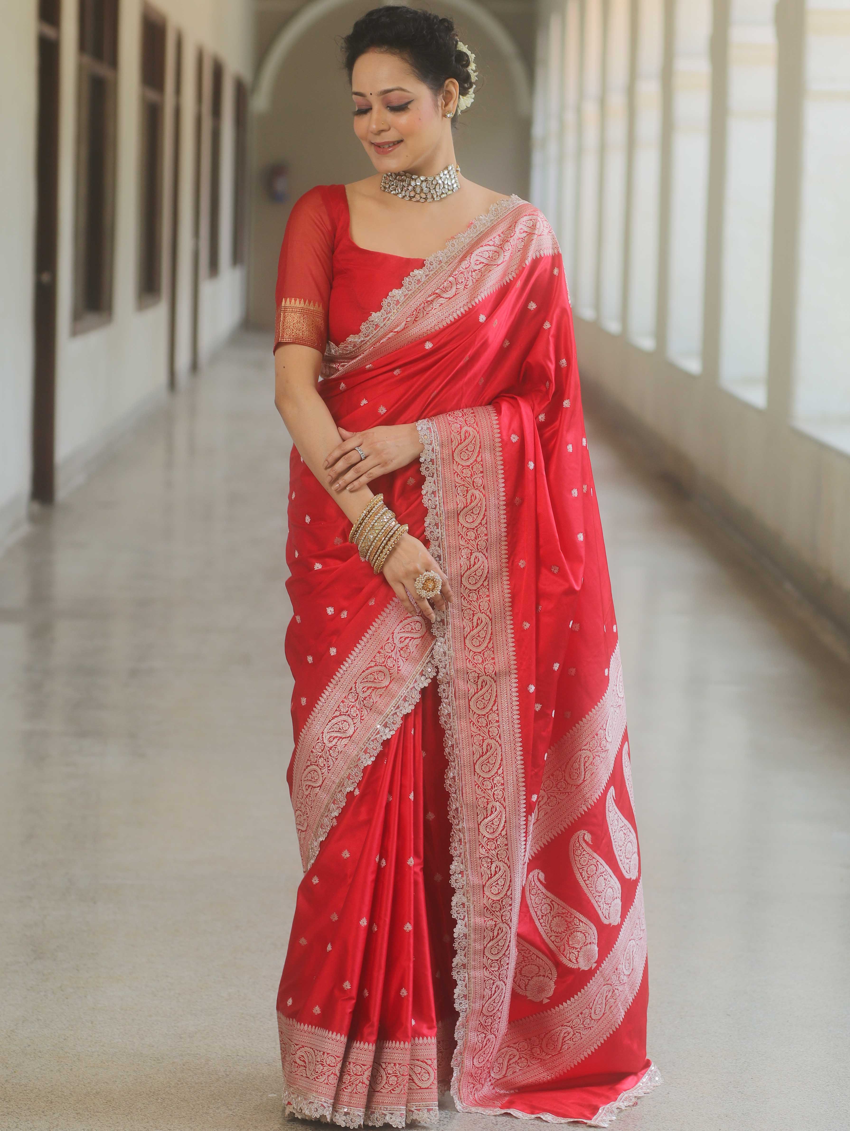 Banarasee Handloom Mashru Silk Saree Zari Border With Lace-Red