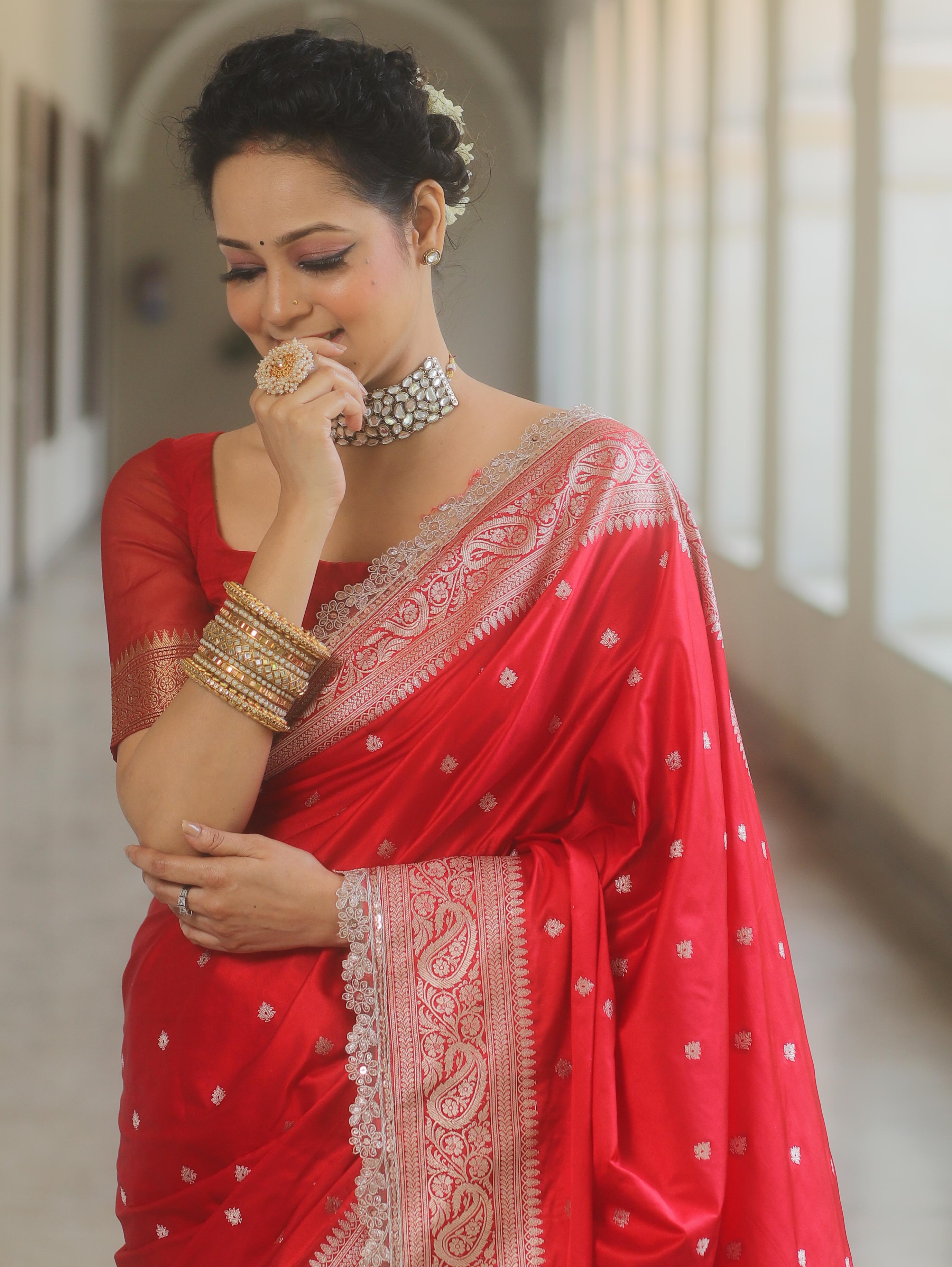 Banarasee Handloom Mashru Silk Saree Zari Border With Lace-Red