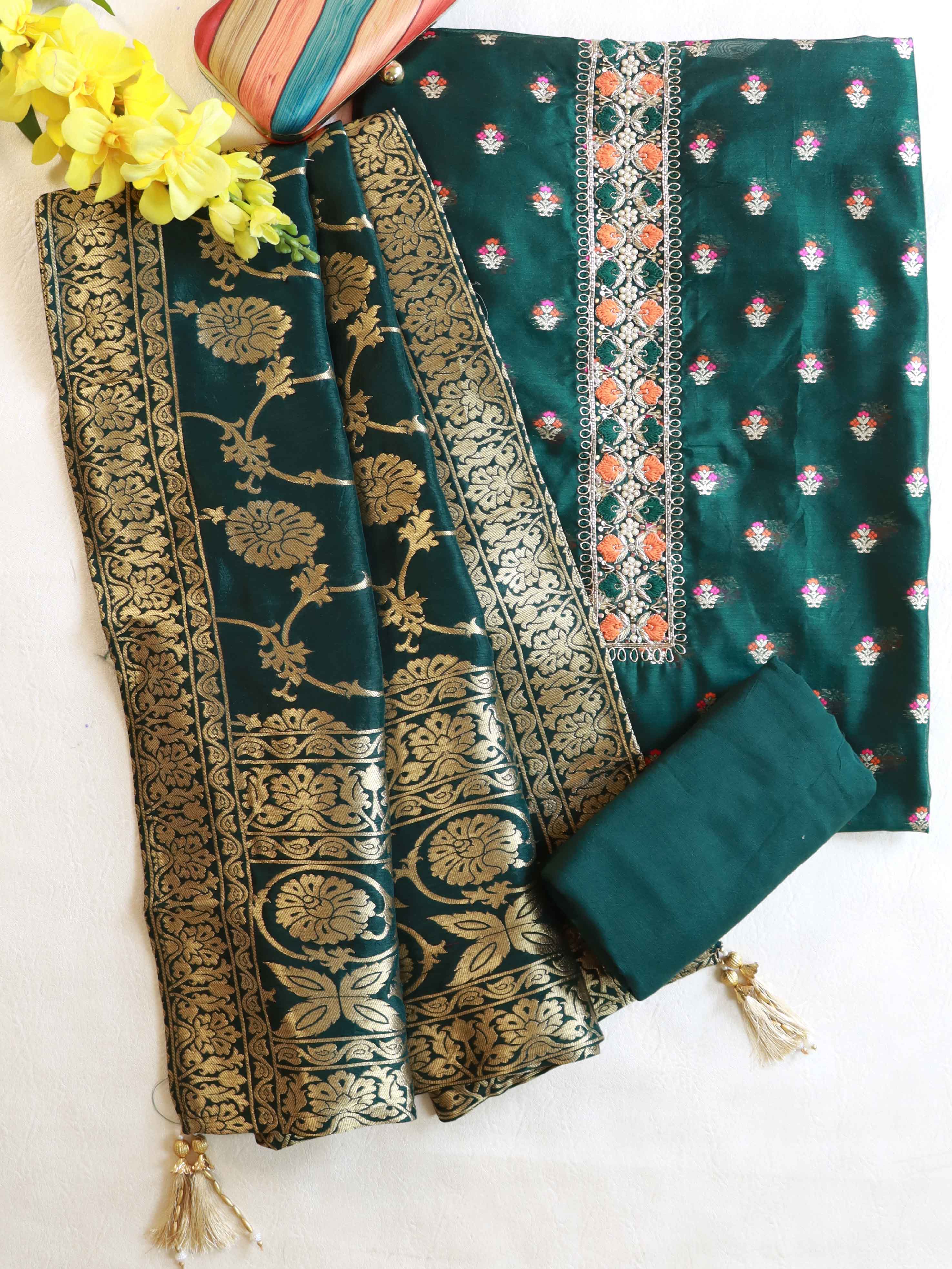 Banarasee Handloom Chanderi Zari Work Salwar Kameez Dupatta Set-Green