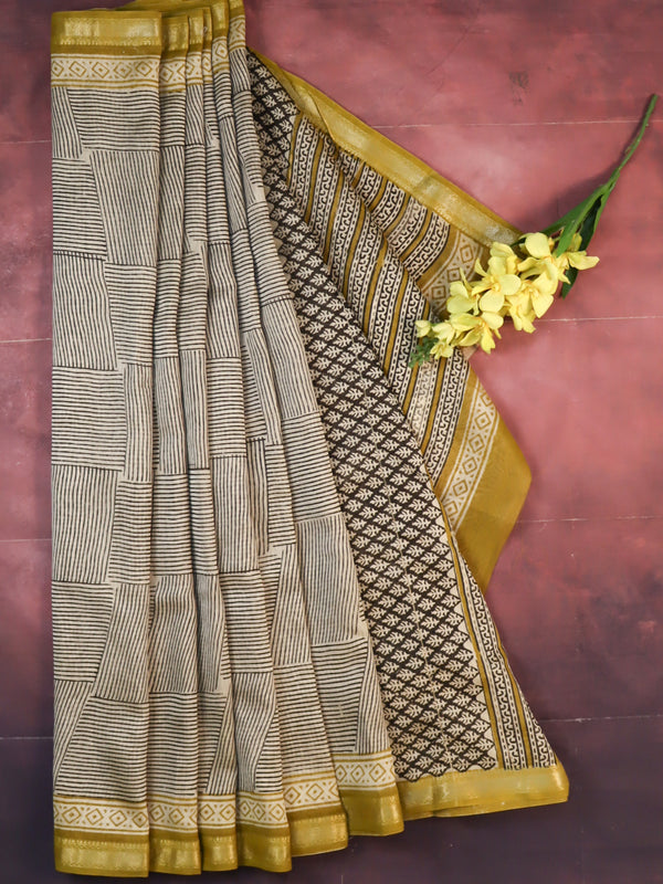 Handloom Maheshwari Silk Bagru Block Printed Saree-Beige