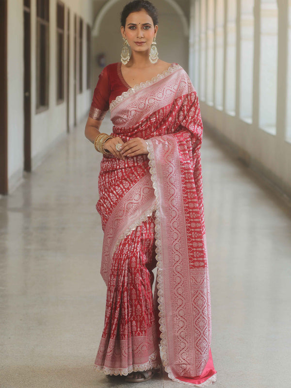 Banarasee Semi-Katan Silver Zari Border Saree With Lace-Maroon