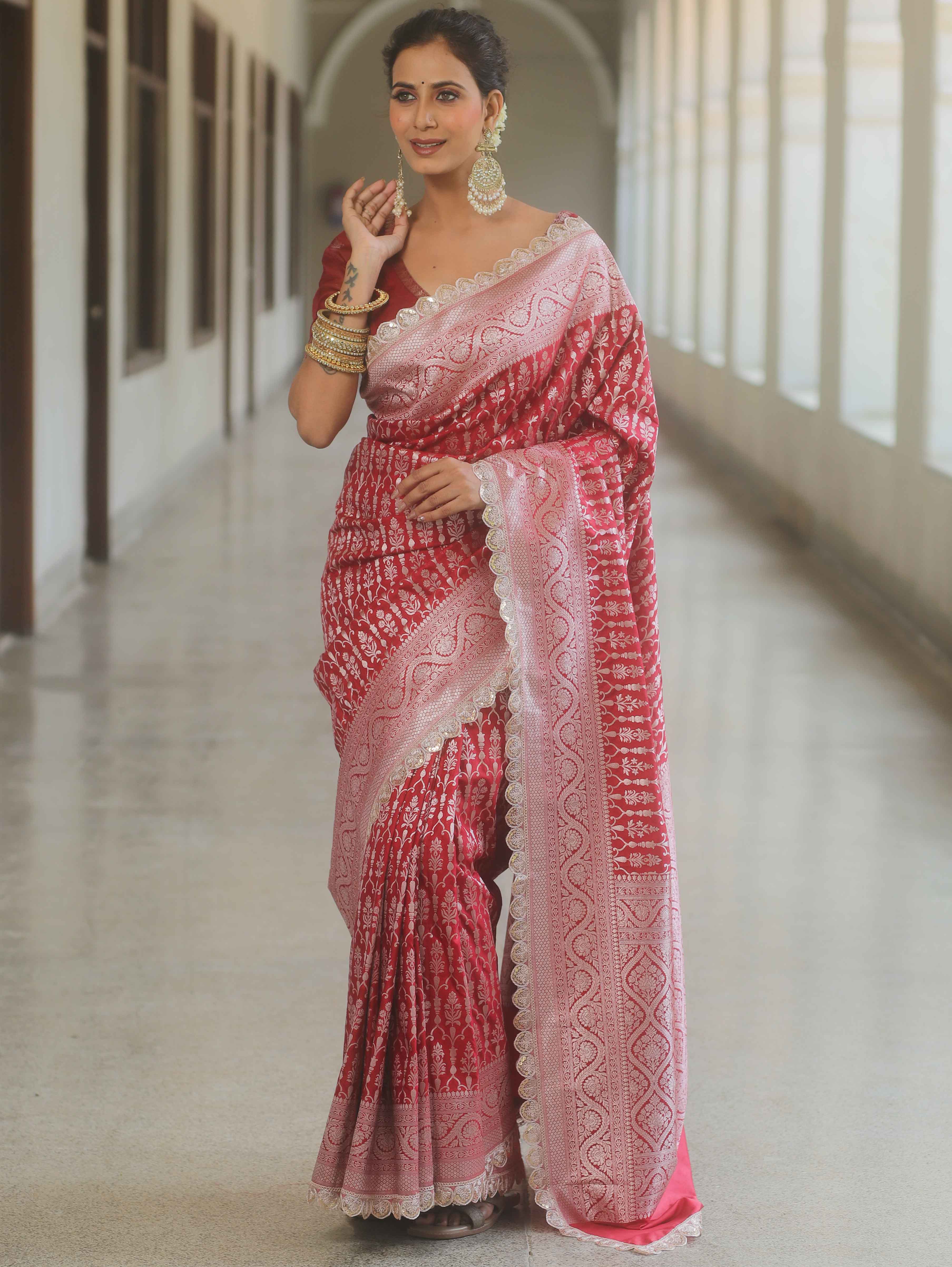 Banarasee Semi-Katan Silver Zari Border Saree With Lace-Maroon