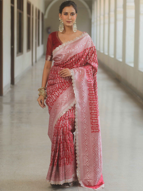 Banarasee Semi-Katan Silver Zari Border Saree With Lace-Maroon