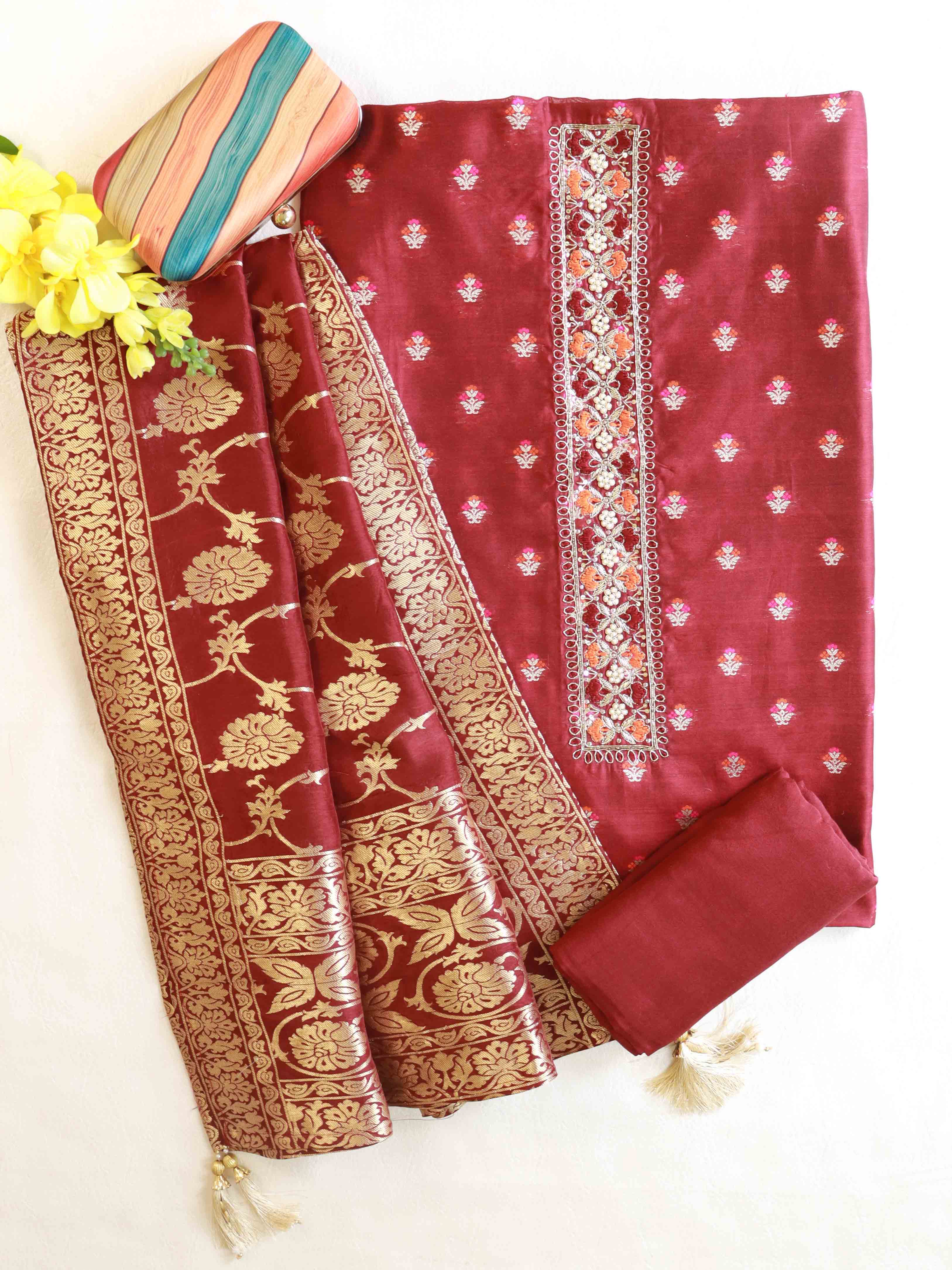 Banarasee Handloom Chanderi Zari Work Salwar Kameez Dupatta Set-Maroon