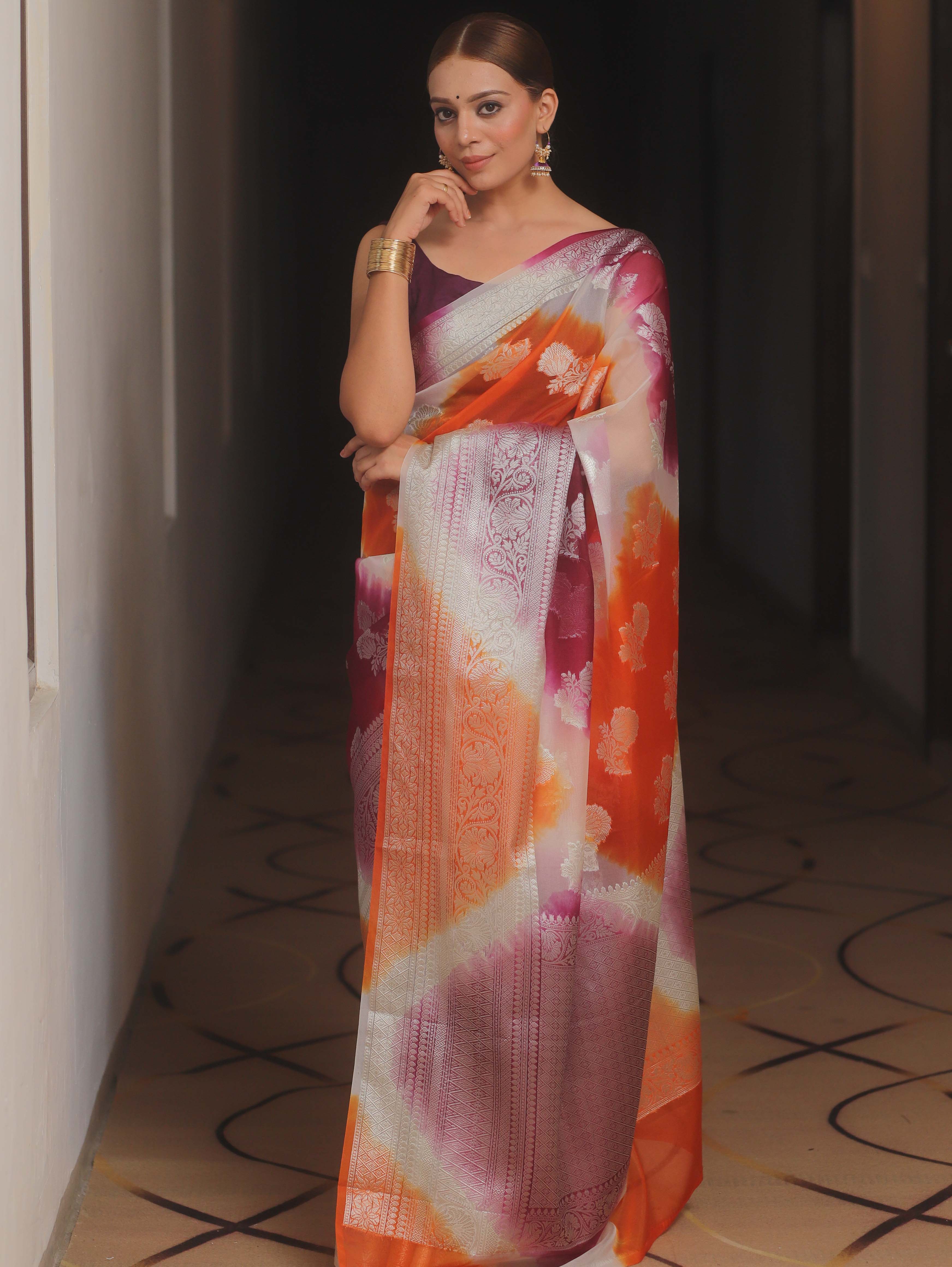 Banarasee Organza Silk Mix Saree With Shibori Dye & Zari Border-Orange & Violet