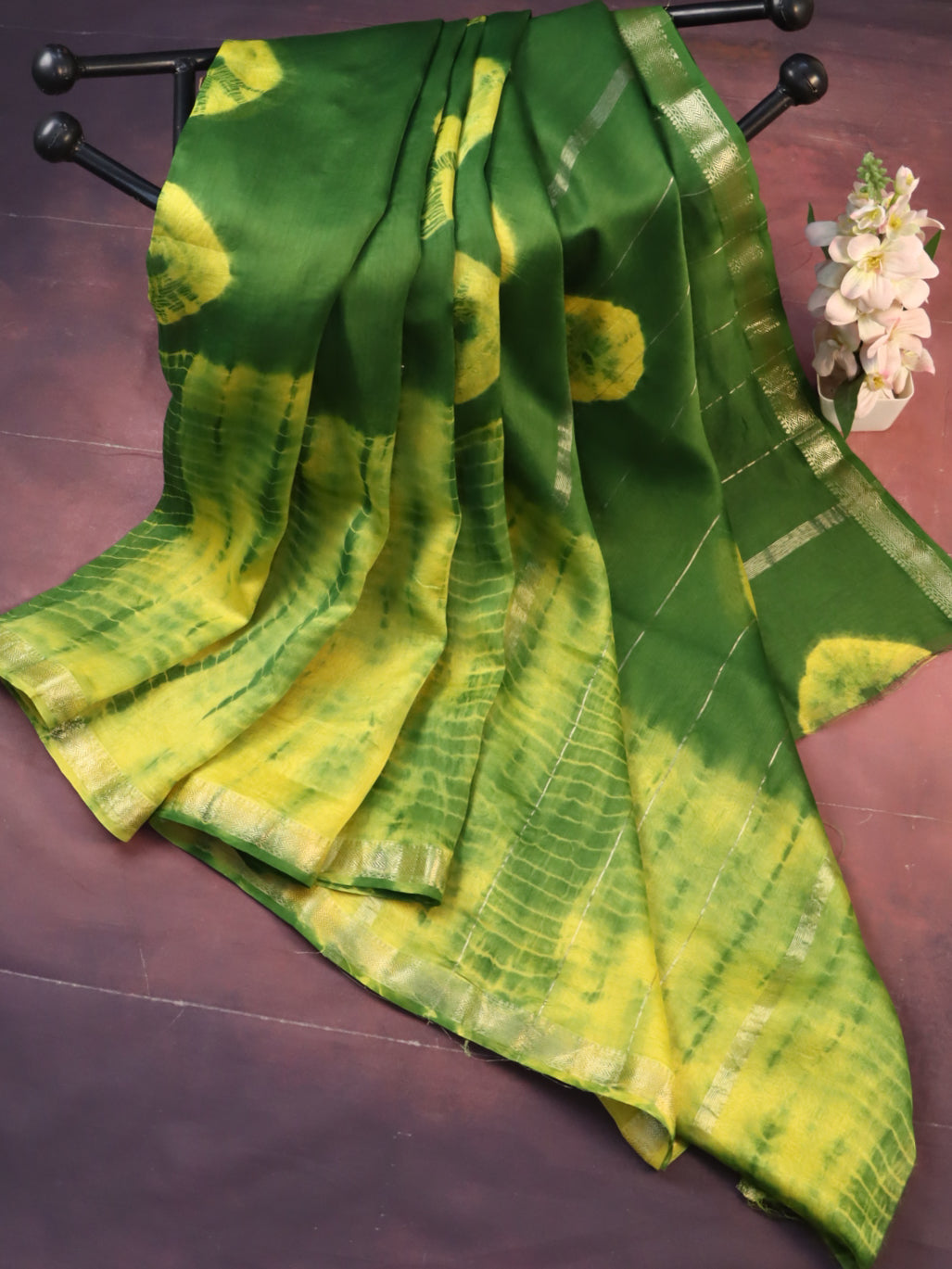 Handloom Maheshwari Silk Shibori Dye Saree-Yellow & Green