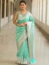 Banarasee Semi-Katan Silver Zari Border Saree With Lace-Sea Green