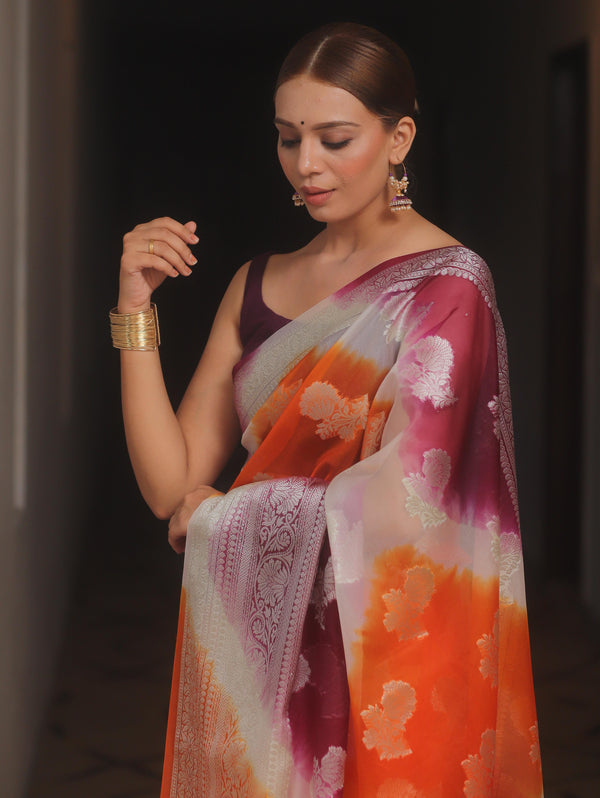 Banarasee Organza Silk Mix Saree With Shibori Dye & Zari Border-Orange & Violet