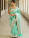 Banarasee Semi-Katan Silver Zari Border Saree With Lace-Sea Green