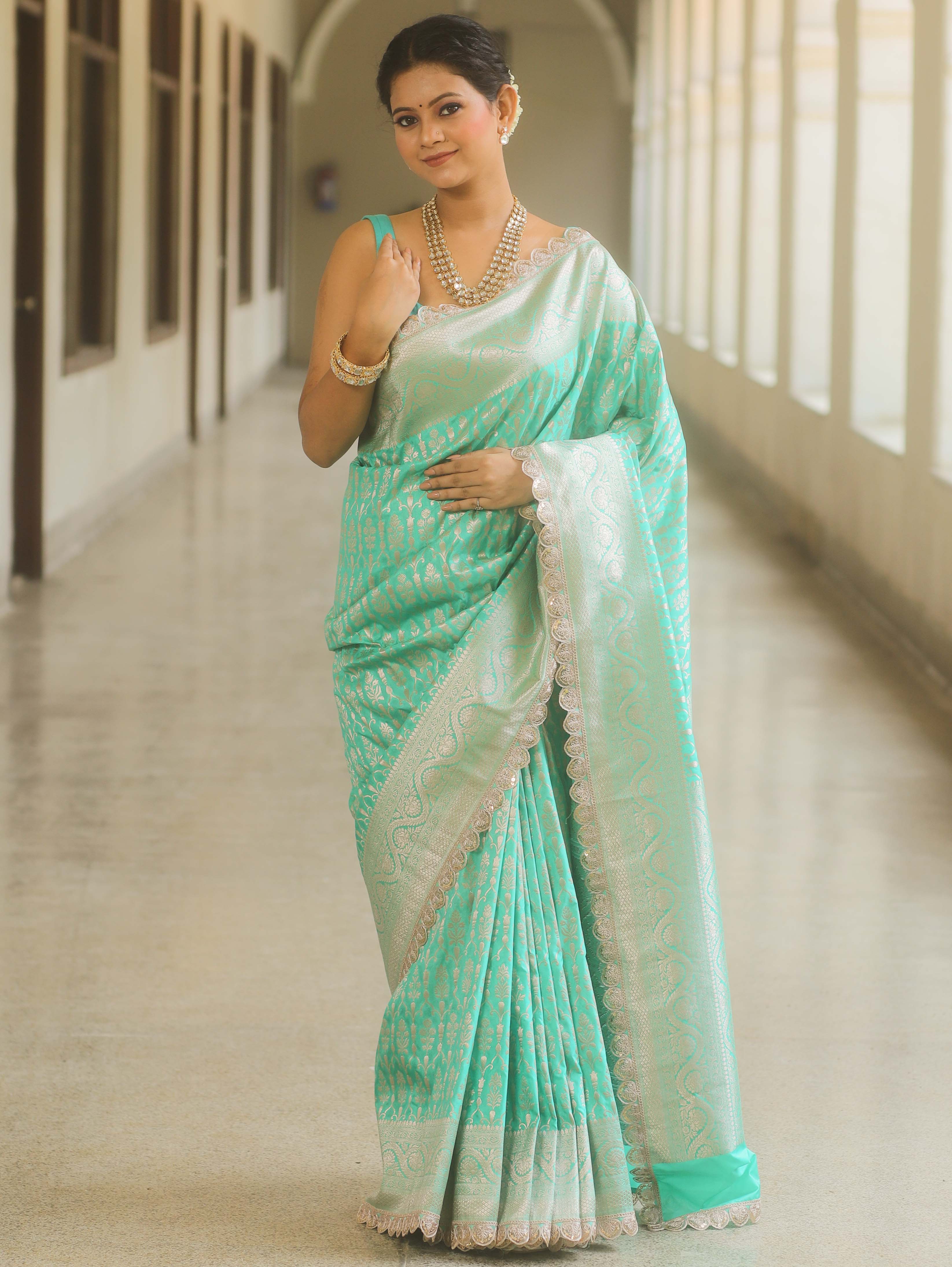 Banarasee Semi-Katan Silver Zari Border Saree With Lace-Sea Green