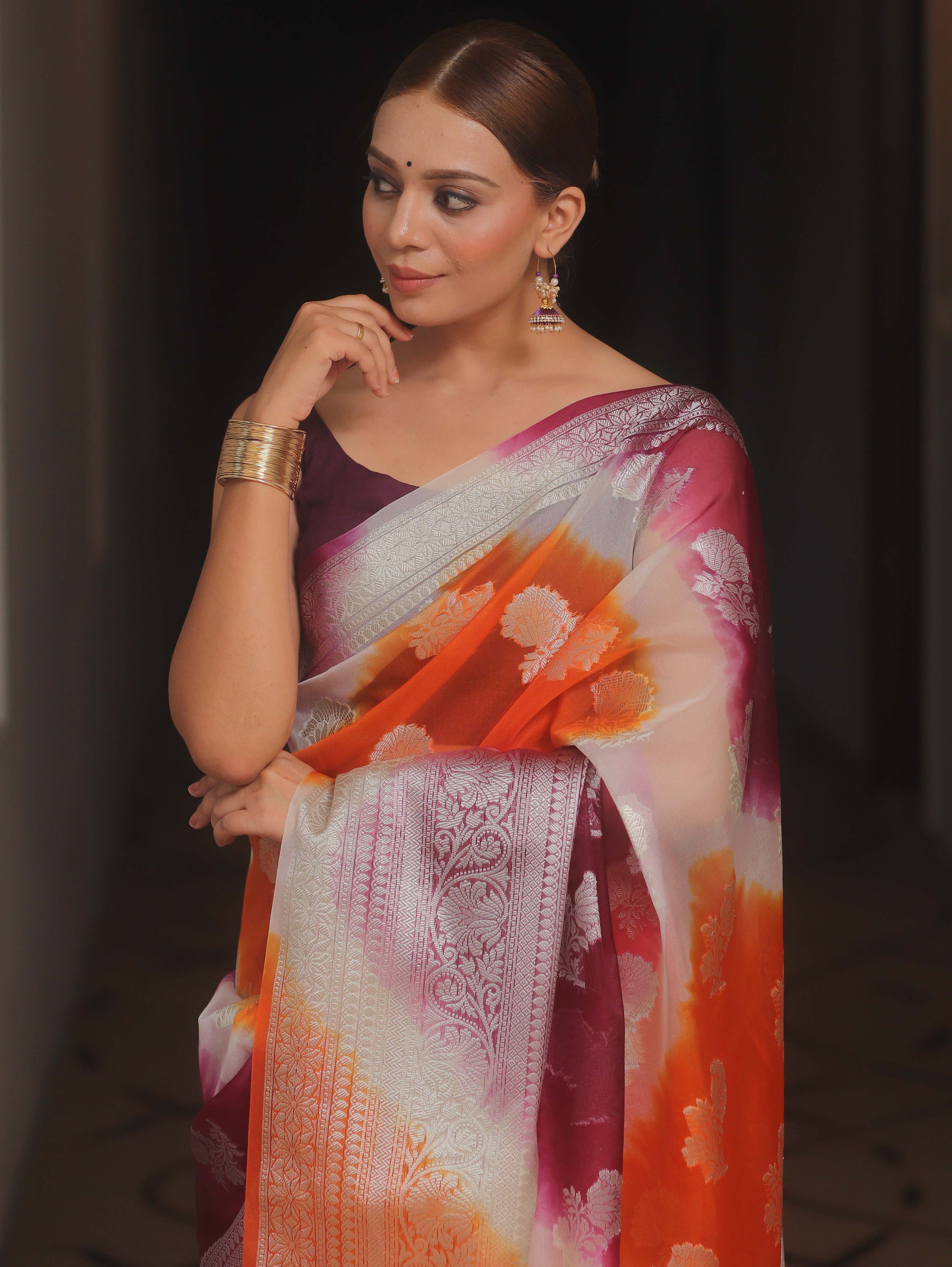 Banarasee Organza Silk Mix Saree With Shibori Dye & Zari Border-Orange & Violet