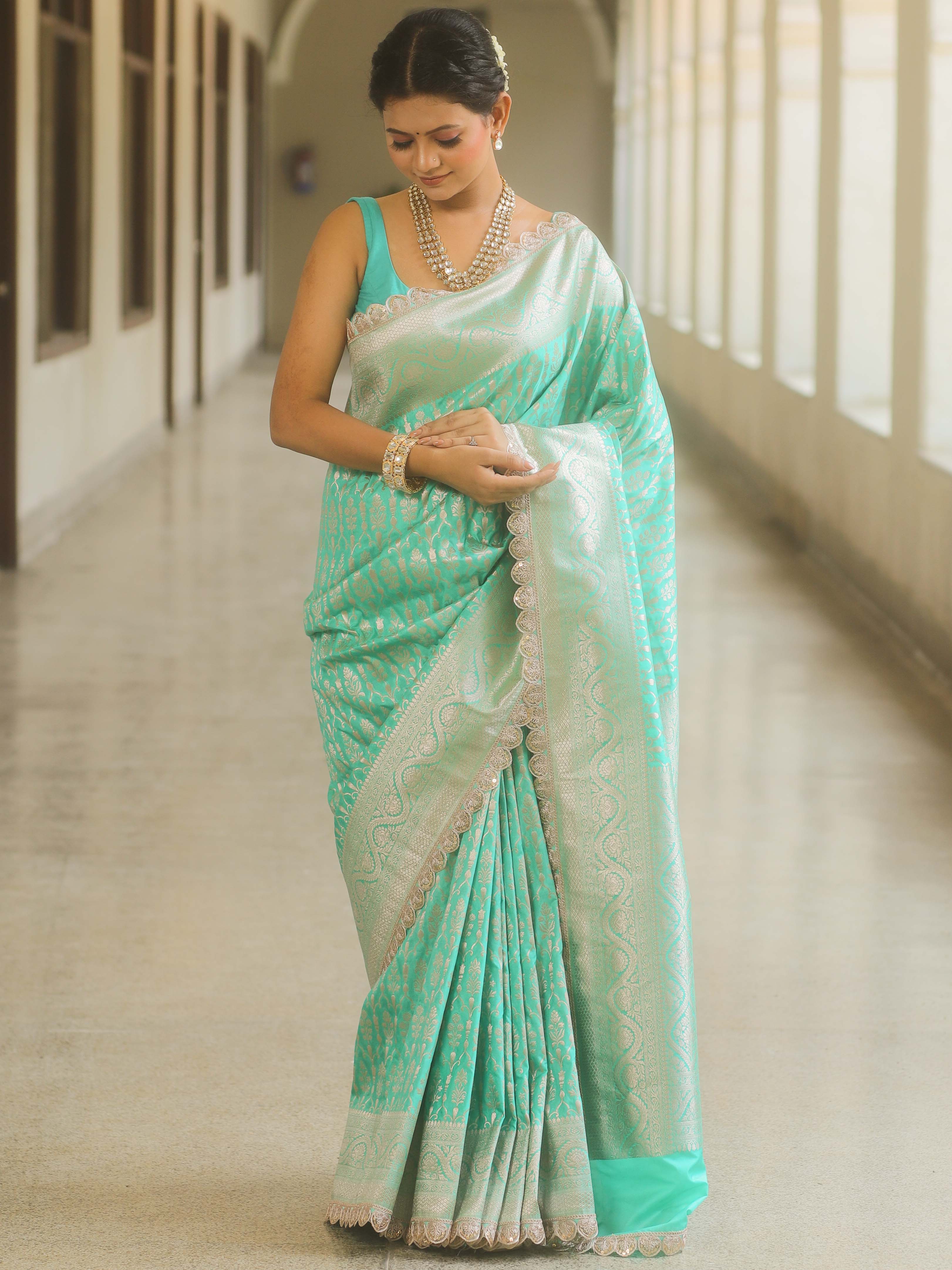 Banarasee Semi-Katan Silver Zari Border Saree With Lace-Sea Green