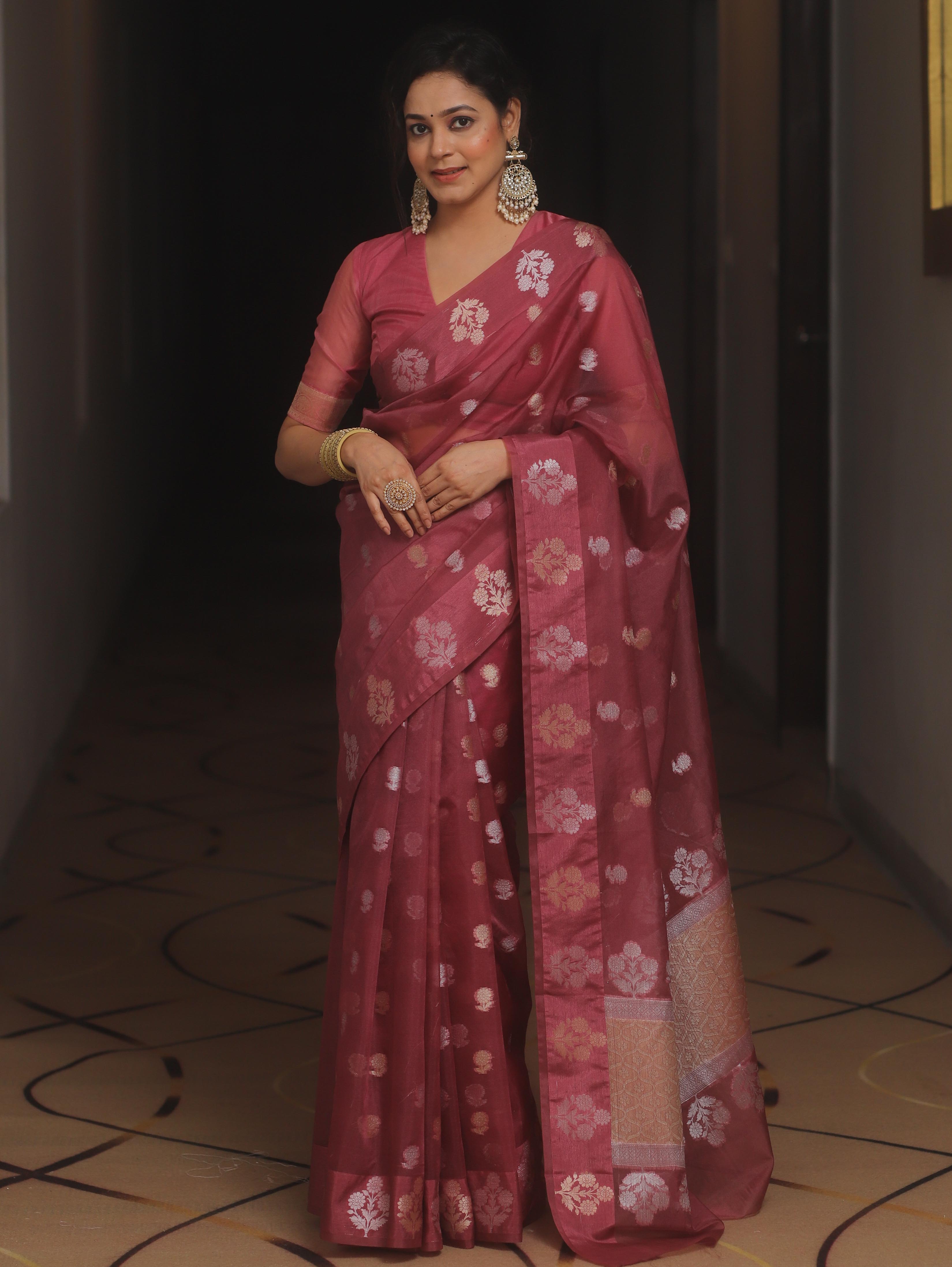 Banarasee Organza Mix Saree With Zari Buti Design-Onion Pink