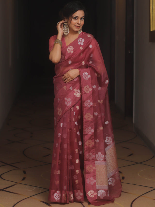 Banarasee Organza Mix Saree With Zari Buti Design-Onion Pink