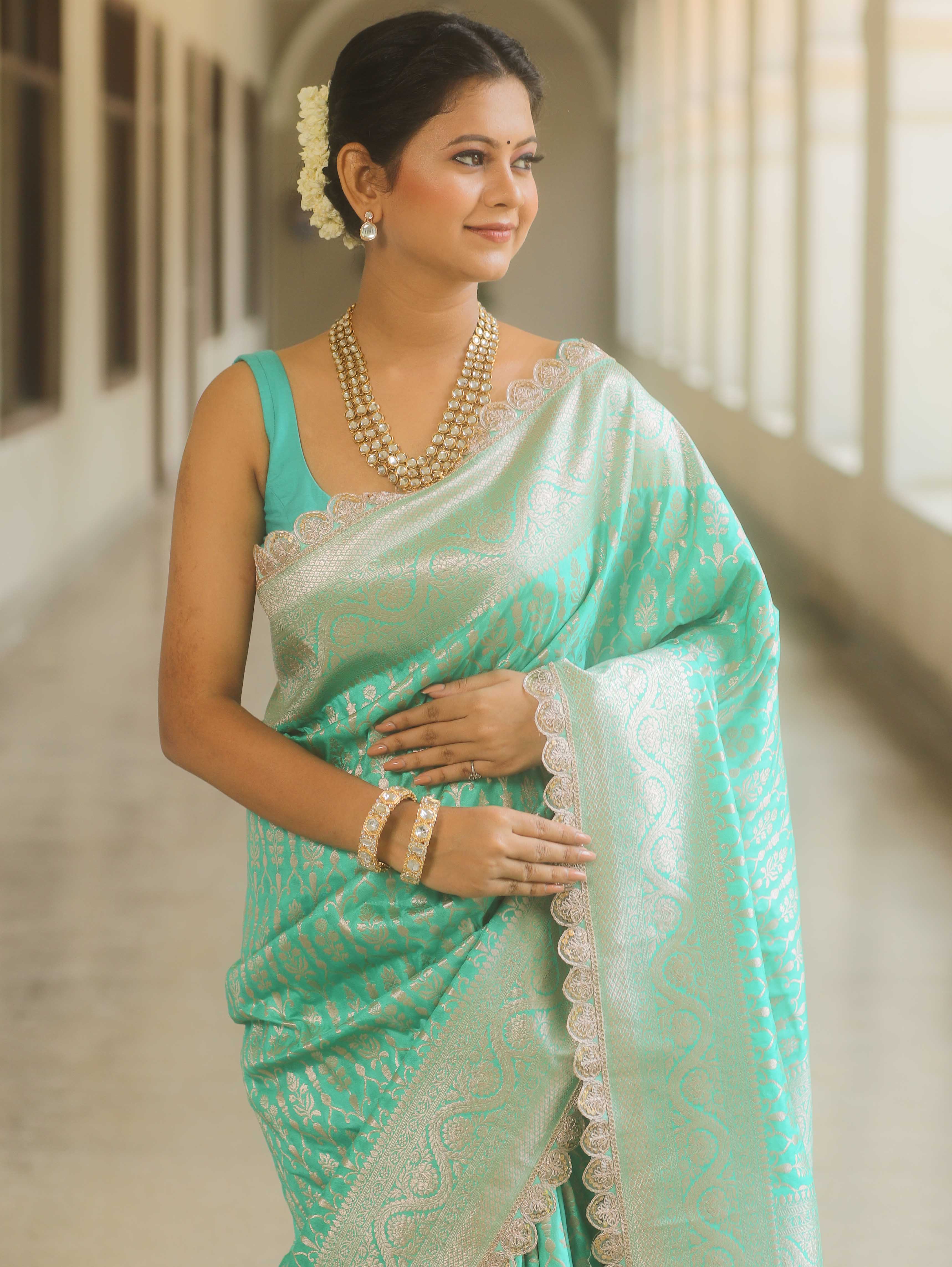 Banarasee Semi-Katan Silver Zari Border Saree With Lace-Sea Green