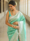 Banarasee Semi-Katan Silver Zari Border Saree With Lace-Sea Green