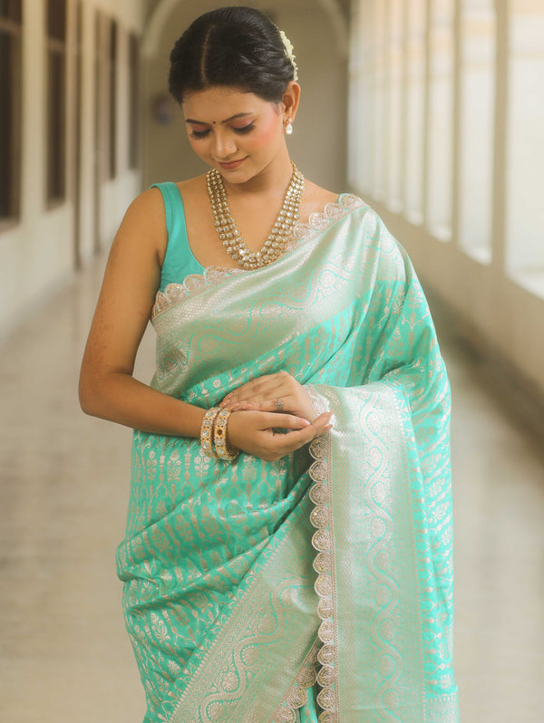 Banarasee Semi-Katan Silver Zari Border Saree With Lace-Sea Green