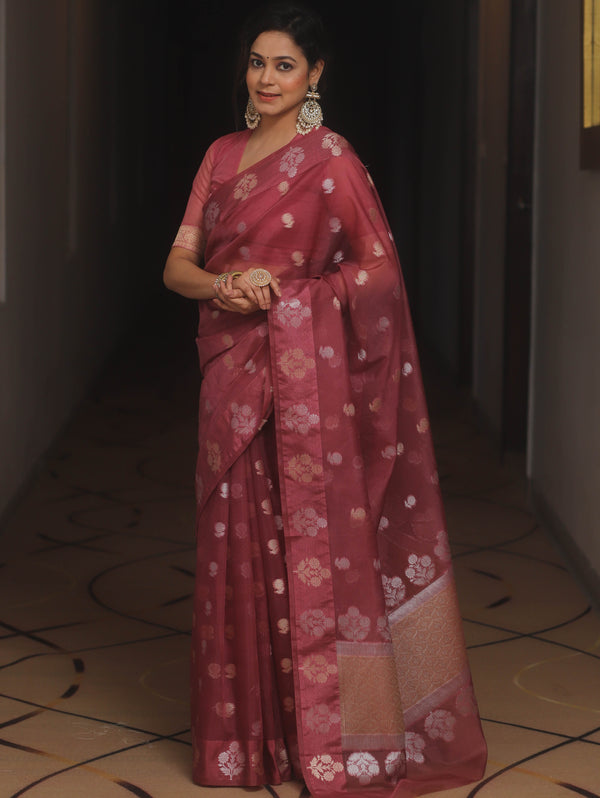 Banarasee Organza Mix Saree With Zari Buti Design-Onion Pink