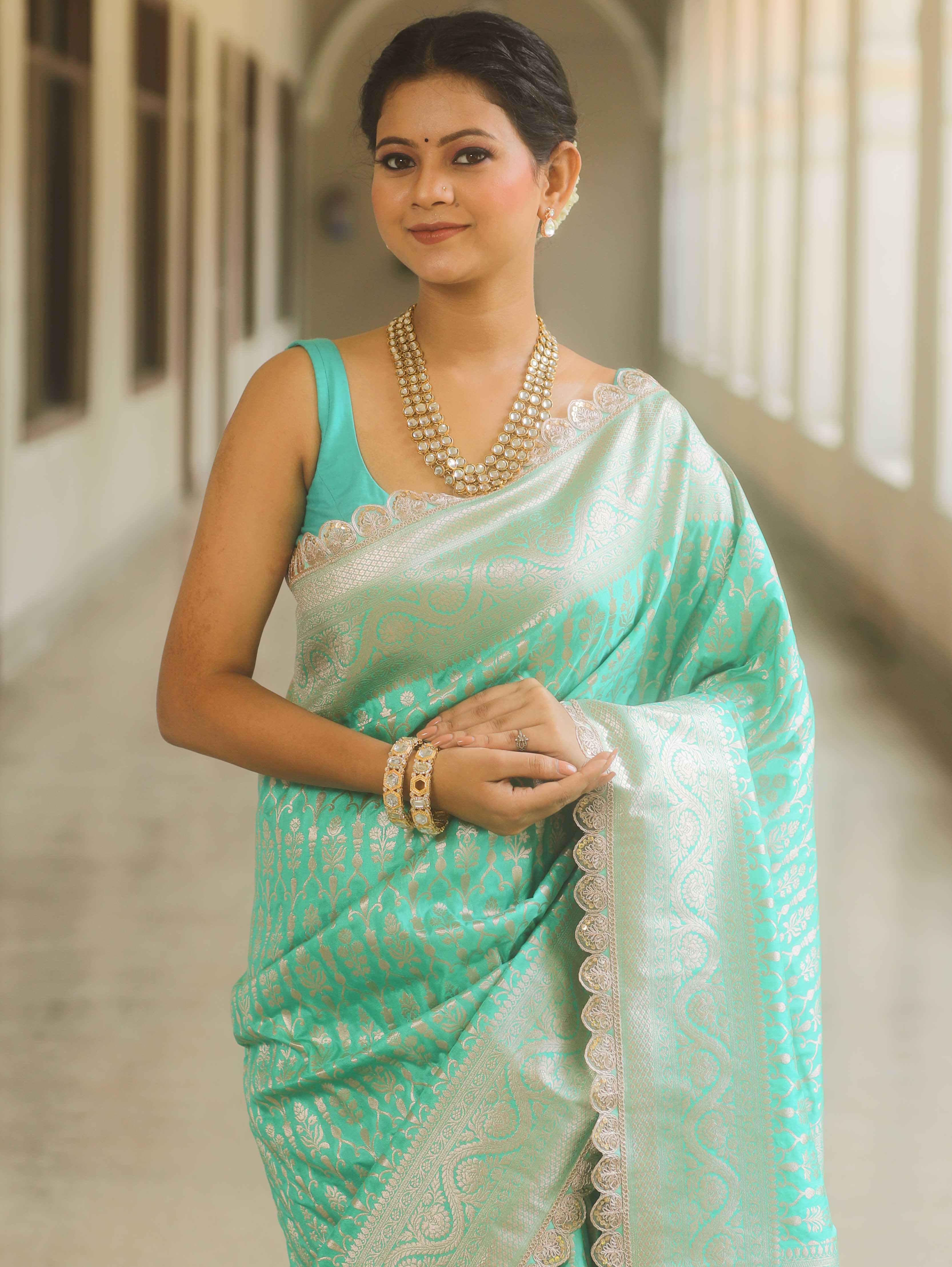 Banarasee Semi-Katan Silver Zari Border Saree With Lace-Sea Green