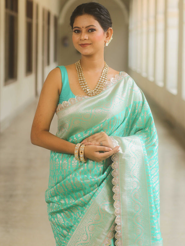 Banarasee Semi-Katan Silver Zari Border Saree With Lace-Sea Green