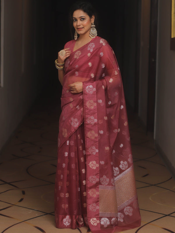 Banarasee Organza Mix Saree With Zari Buti Design-Onion Pink