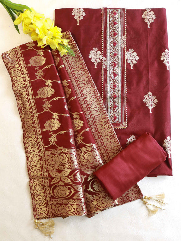 Banarasee Handloom Chanderi Zari Work Salwar Kameez Dupatta Set-Maroon