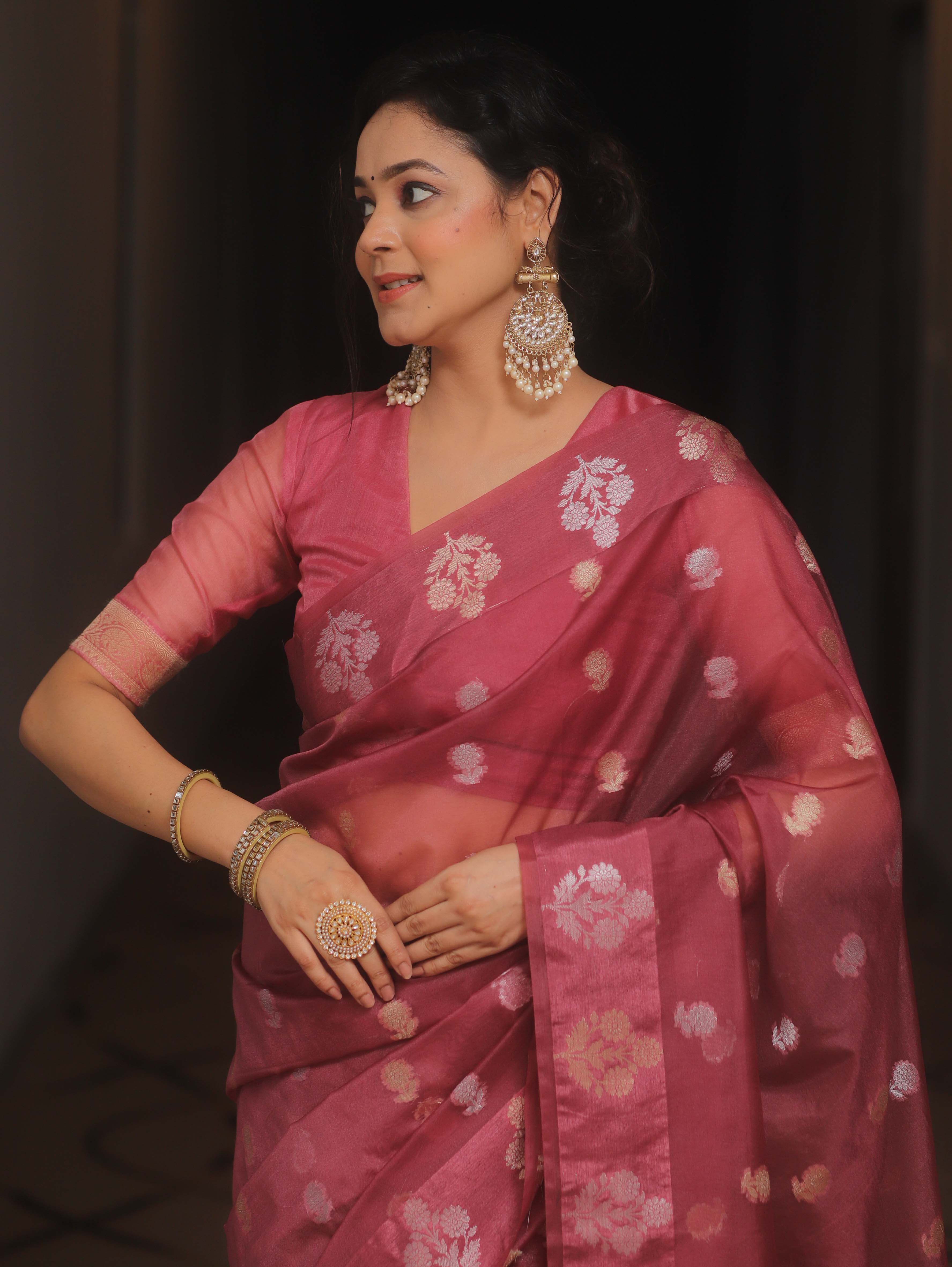 Banarasee Organza Mix Saree With Zari Buti Design-Onion Pink